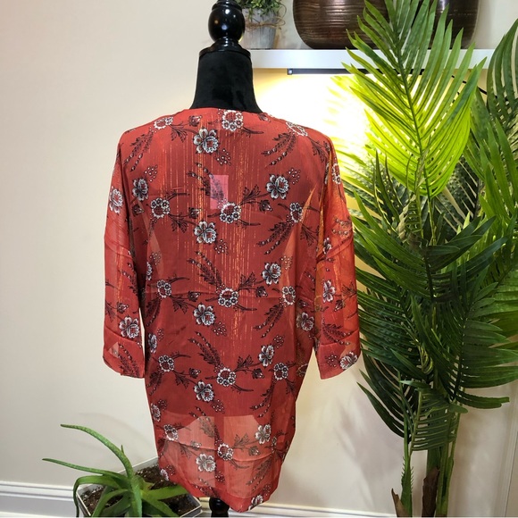 Ann Taylor Striped Floral w/Metallic Detail Kimono Open Front Light Redwood XS/S - Picture 8 of 8